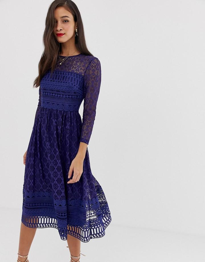 Asos Design Premium Lace Midi Skater Dress - Navy