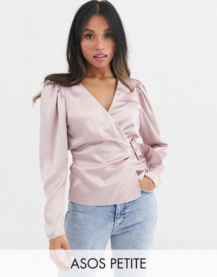 Asos Design Petite Wrap Top With Belt Detail In Satin-no Color