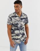 Jack & Jones Originals Palm Print Revere Collar Short Sleeve Shirt In Black - Black