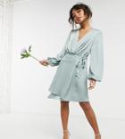 Tfnc Petite Bridesmaid Satin Long Sleeve Wrap Front Mini Dress In Sage-green