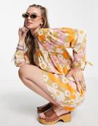 Native Youth Smock Dress With Tie Cuffs In Wavy Texture-multi