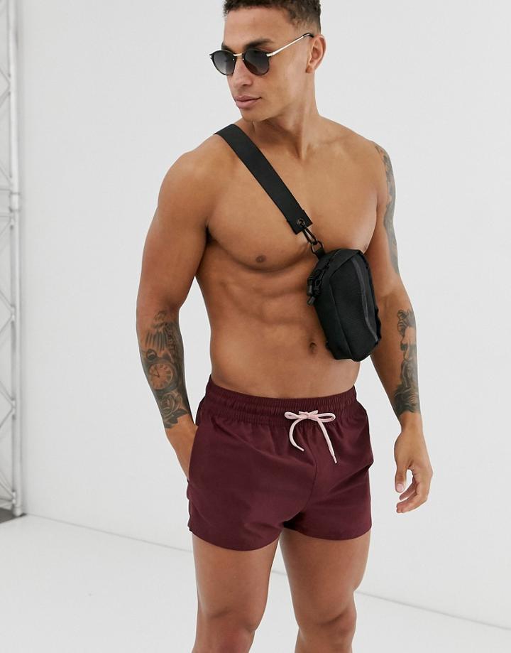 Asos Design Swim Shorts In Dark Burgundy Super Short Length - Red