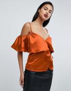 Fashion Union Satin Cold Shoulder Cami Wrap Top - Red