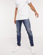 Jack & Jones Intelligence Liam Skinny Fit Jeans With Rips In Mid Blue-blues