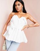 Asos Luxe Cotton Bandeau Top With Pep Hem & Tie Waist In White