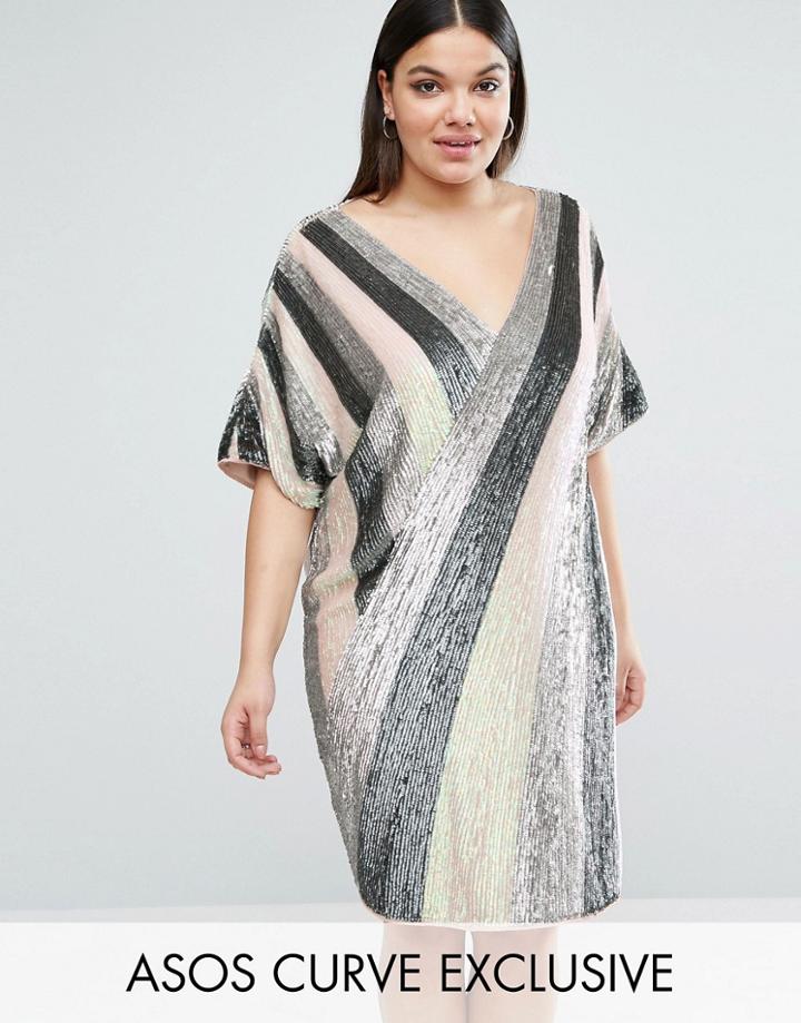 Asos Curve Linear Sequin Shift Dress With V Back - Multi