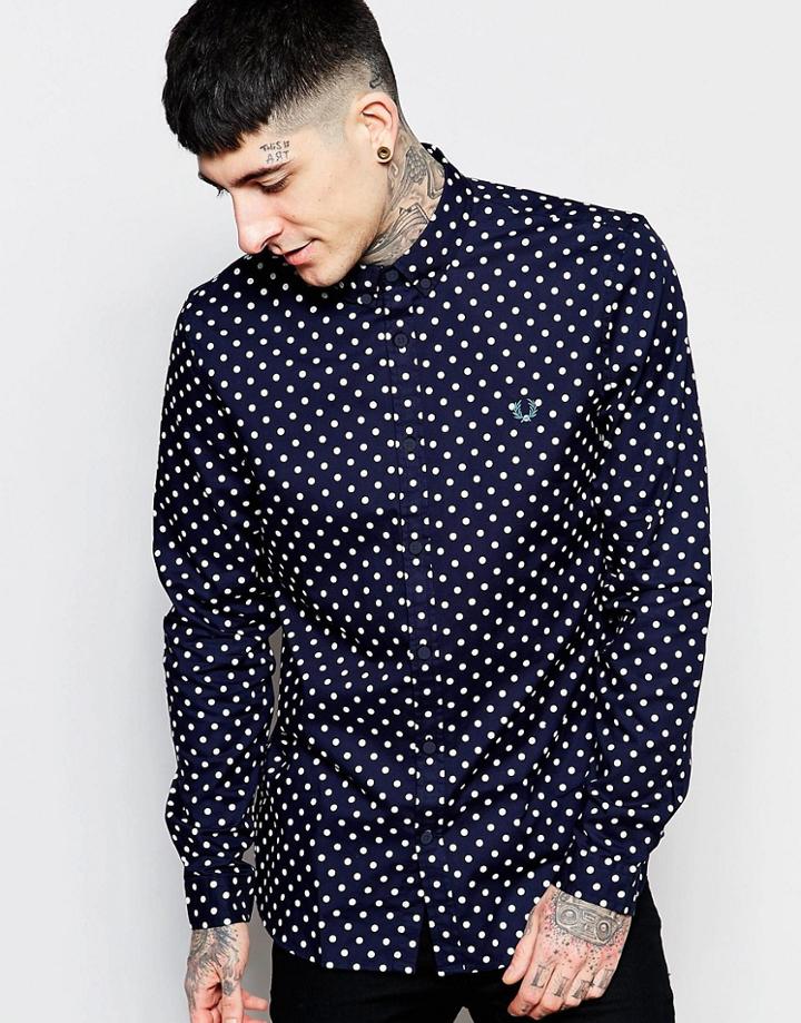 Fred Perry Shirt With Polka Dot Print In Slim Fit - Navy