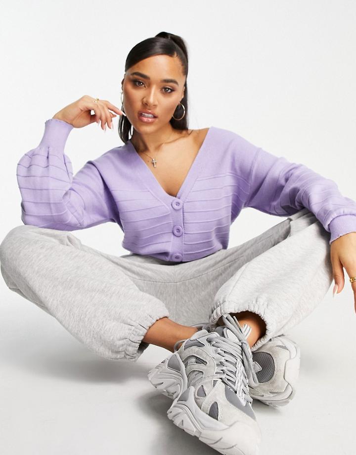 Qed London Balloon Sleeve Ribbed Cardigan In Lilac-neutral