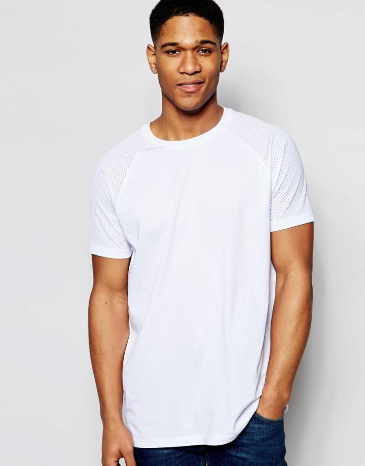 Asos Longline T-shirt With Mesh Raglan Sleeves In White - White