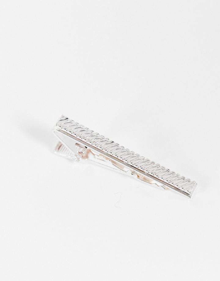 Asos Design Wedding Beveled Tie Bar In Silver Tone