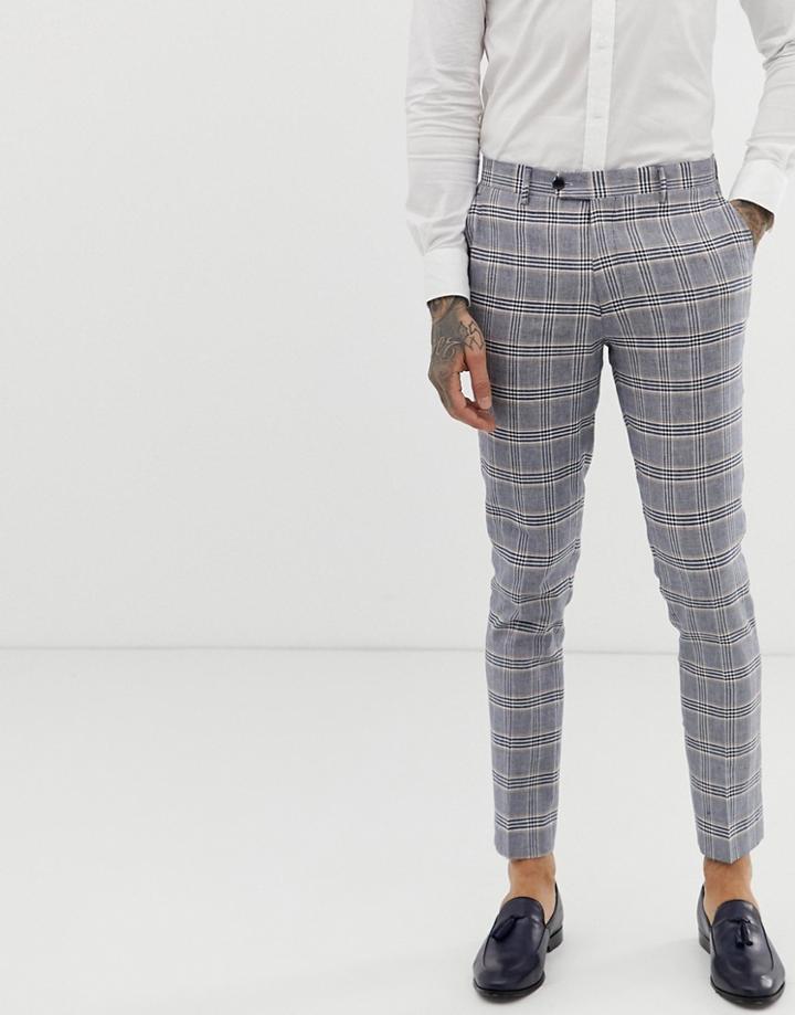 Gianni Feraud Skinny Fit Linen Blend Check Suit Pants - Navy