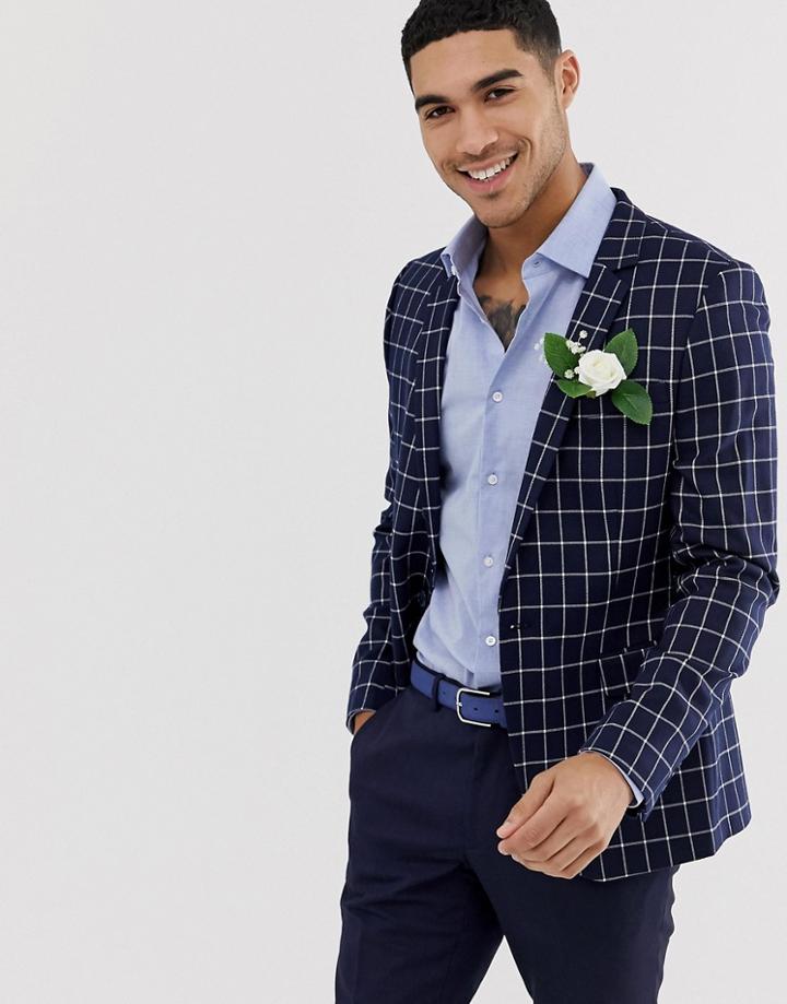 Asos Design Wedding Super Skinny Blazer In Navy Grid Check