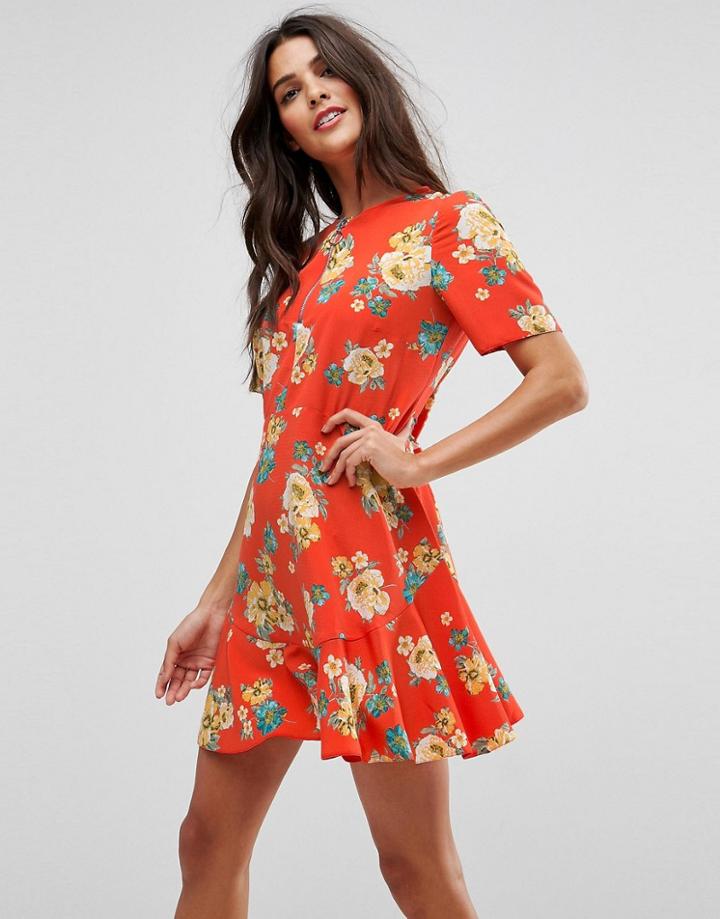 Asos Drop Waist Dress In Red Floral Print - Multi