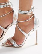 True Decadence Silver Metallic Ankle Tie Heeled Sandals - Silver Metallic