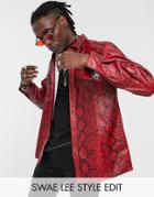 Asos Design Faux Leather Snakeskin Shirt In Red