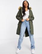Brave Soul Genevieve Parka Coat With Faux Fur Hood-green