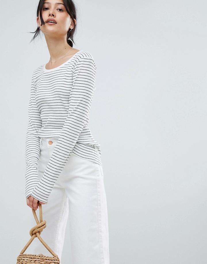 Ichi Stripe Round Neck Top - White