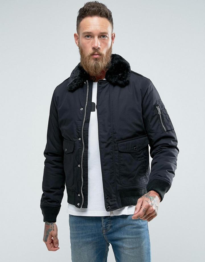 Schott Air Bomber Jacket Detachable Faux Fur Collar Slim Fit In Black/black - Black