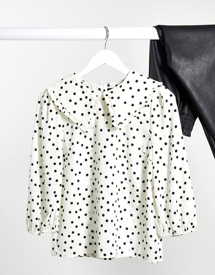 Pieces Blouse With Prairie Collar In White Polka Dot-multi