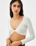 Bershka Twist Front Long Sleeve Top In Ecru-white