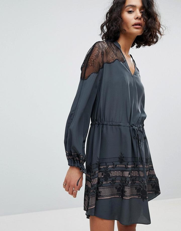 Allsaints Print And Lace Smock Dress - Green