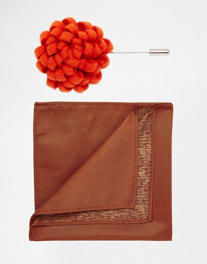 Devils Advocate Plain Pocket Square In Burnt Ornage With Flower Lapel Pin - Blue