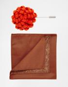 Devils Advocate Plain Pocket Square In Burnt Ornage With Flower Lapel Pin - Blue