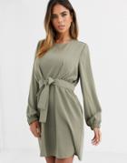 Asos Design Chuck On Tie Waist Mini Dress With Long Sleeves-green