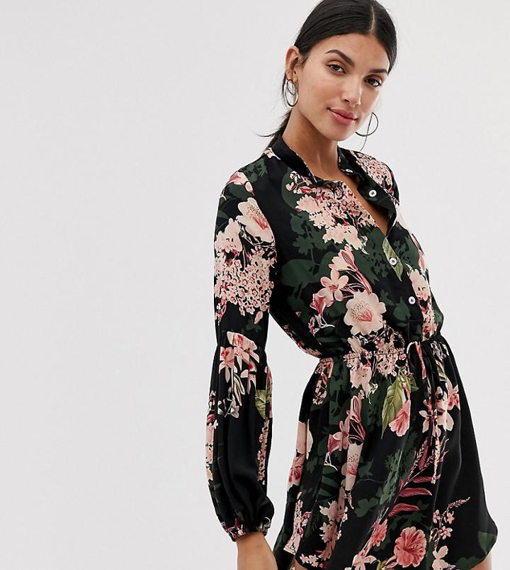 Parisian Tall Collarless Shirt Dress In Floral Print - Black