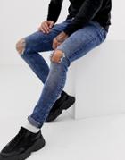 Asos Design Super Skinny Jeans In Acid Wash Blue With Busted Knees