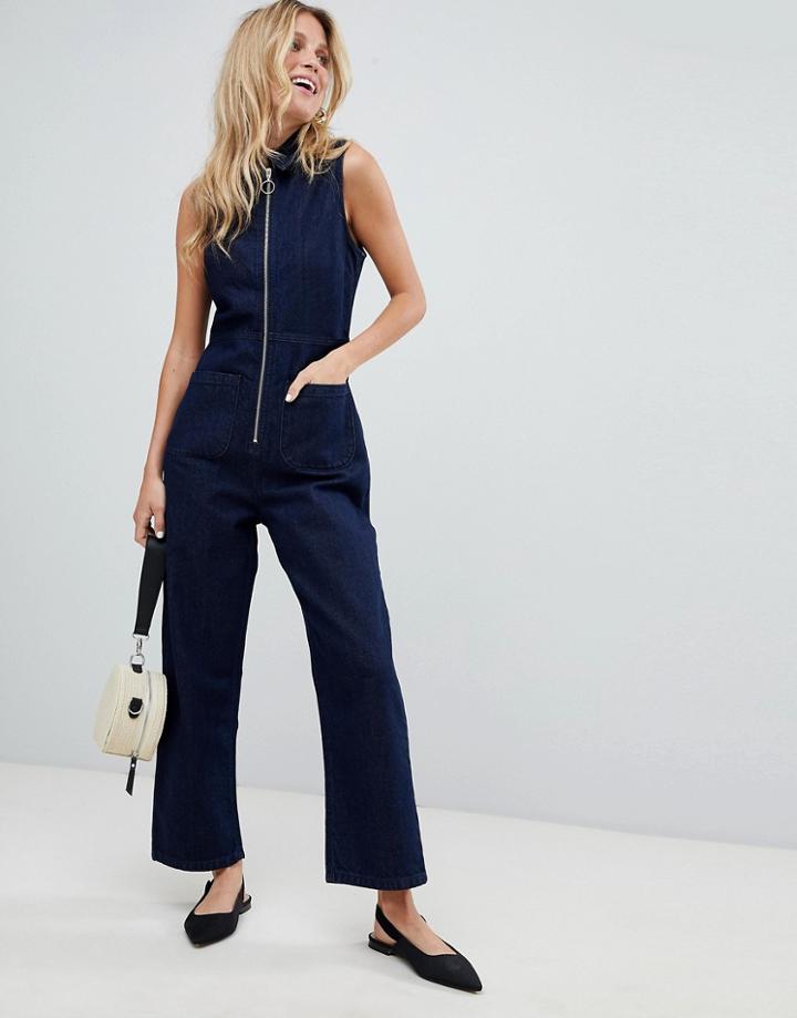 Asos Design Denim Zip Through Jumpsuit In Indigo-blue
