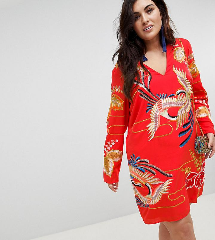 Asos Curve Cold Shoulder Mini Dress With Gold Embroidery - Red