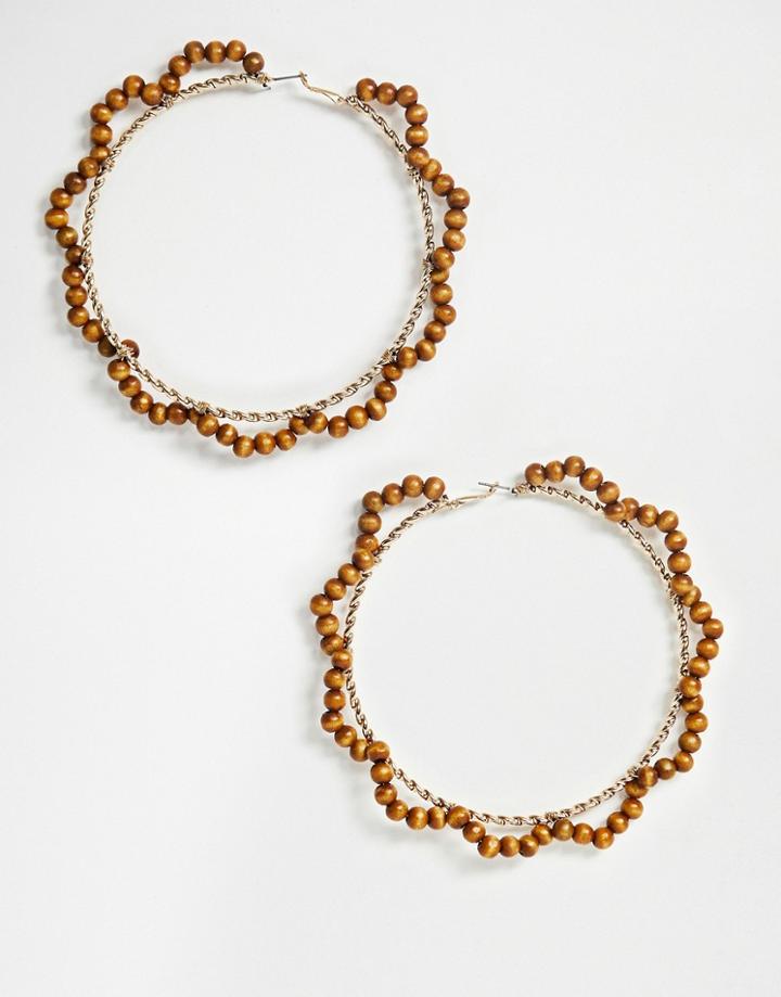 Asos Design Xl Hoop Earrings In Twist Design With Wooden Beads In Gold Tone
