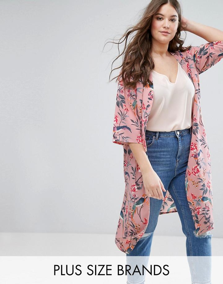 New Look Plus Floral Bird Print Lightweight Duster - Pink