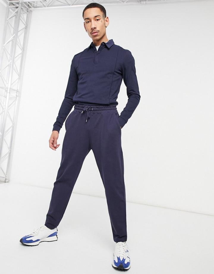 Asos Design Tapered Sweatpants In Pique With Fixed Hem In Navy - Part Of A Set