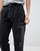 Asos Design Double Pleat Jeans In Washed Black With Rips