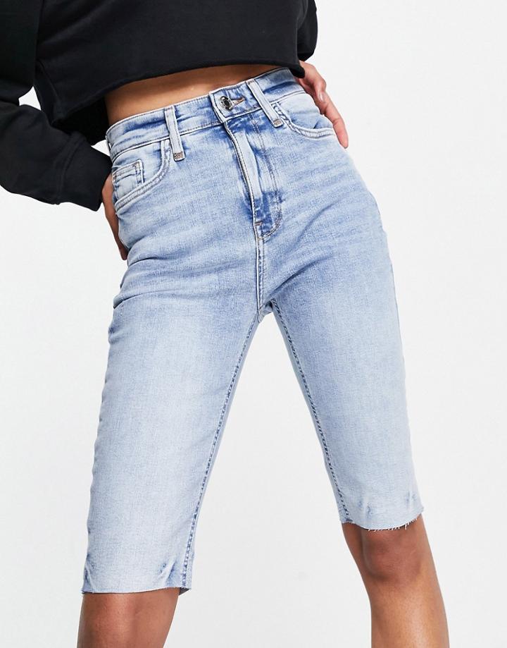River Island High Rise Longline Denim Shorts In Light Auth Blue-blues