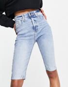 River Island High Rise Longline Denim Shorts In Light Auth Blue-blues