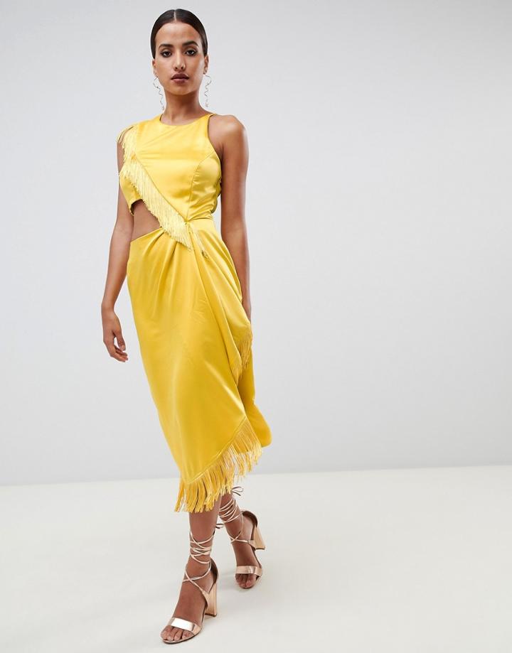 Asos Design Cut Out Side Fringe Midi Dress-gold