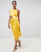 Asos Design Cut Out Side Fringe Midi Dress-gold