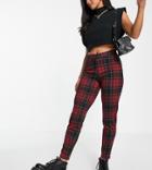 Noisy May Petite Knit Slim Pants In Red Tartan Check-multi