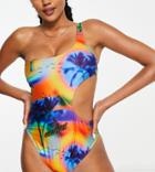 Collusion Recycled Palm Print Cut Out One Shoulder Swimsuit In Multi