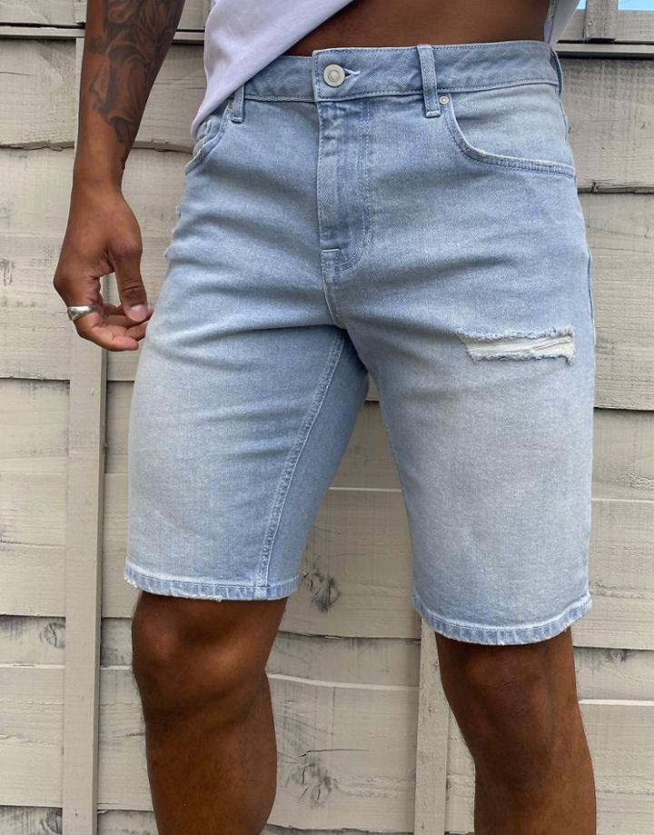 Asos Design Slim Denim Short In Light Wash Blue With Rips-blues