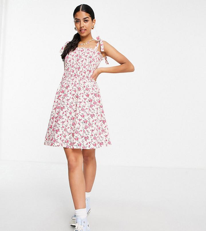 Daisy Street Mini Cami Dress With Tie Straps And Ruching In Vintage Floral-white
