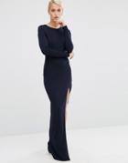 Asos Crepe Long Sleeve Maxi Dress With Mesh Insert - Navy