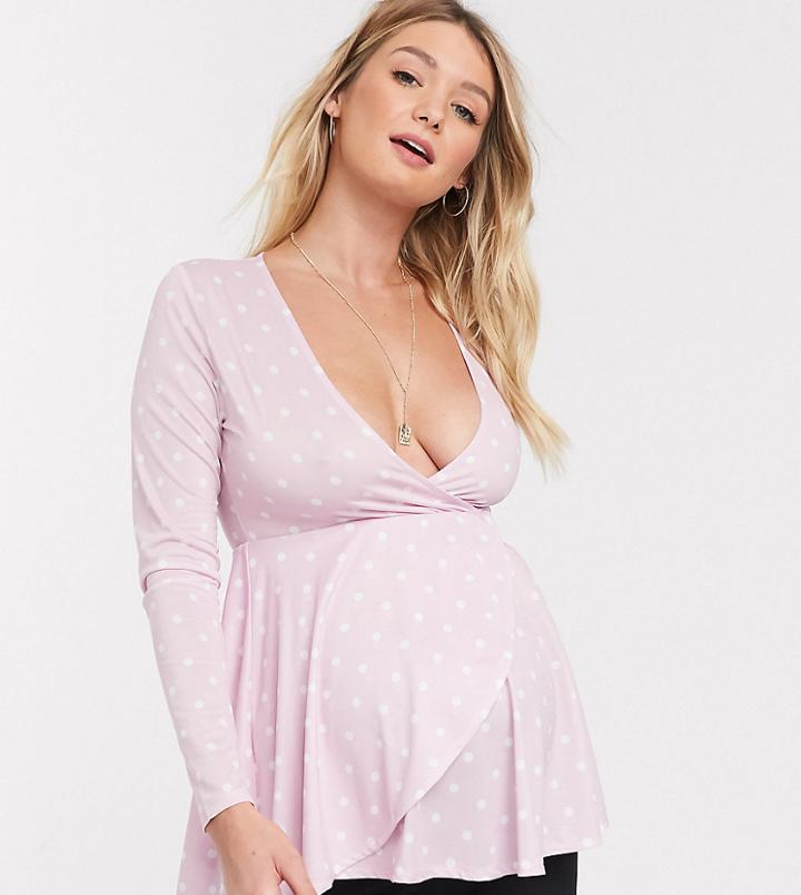 Asos Design Maternity Exclusive Wrap Smock Top In Polka Dot-pink