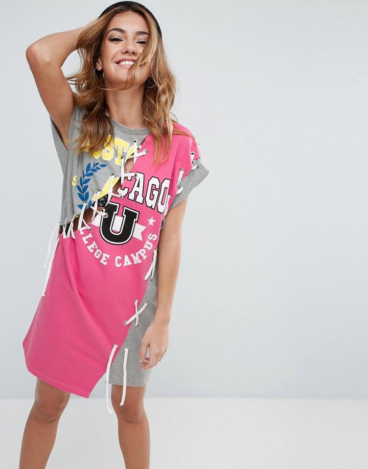 Asos Spliced Lace Up Sweat Dress With Varsity Print - Multi