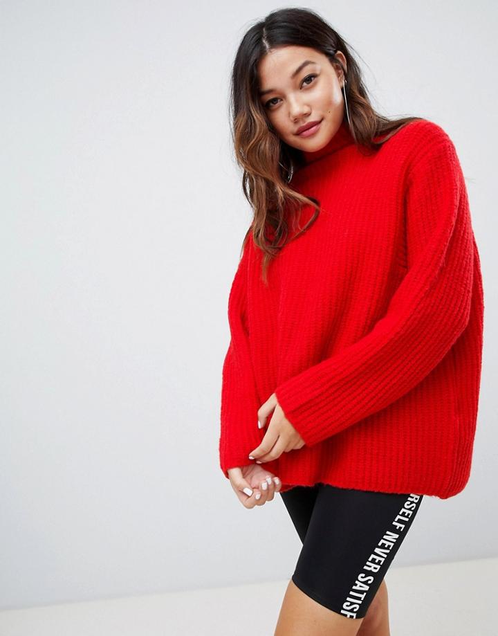 Bershka Chunky Ribbed Knit Roll Neck Sweater - Red