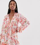 Missguided Tall Chiffon Wrap Dress In Floral Print - White