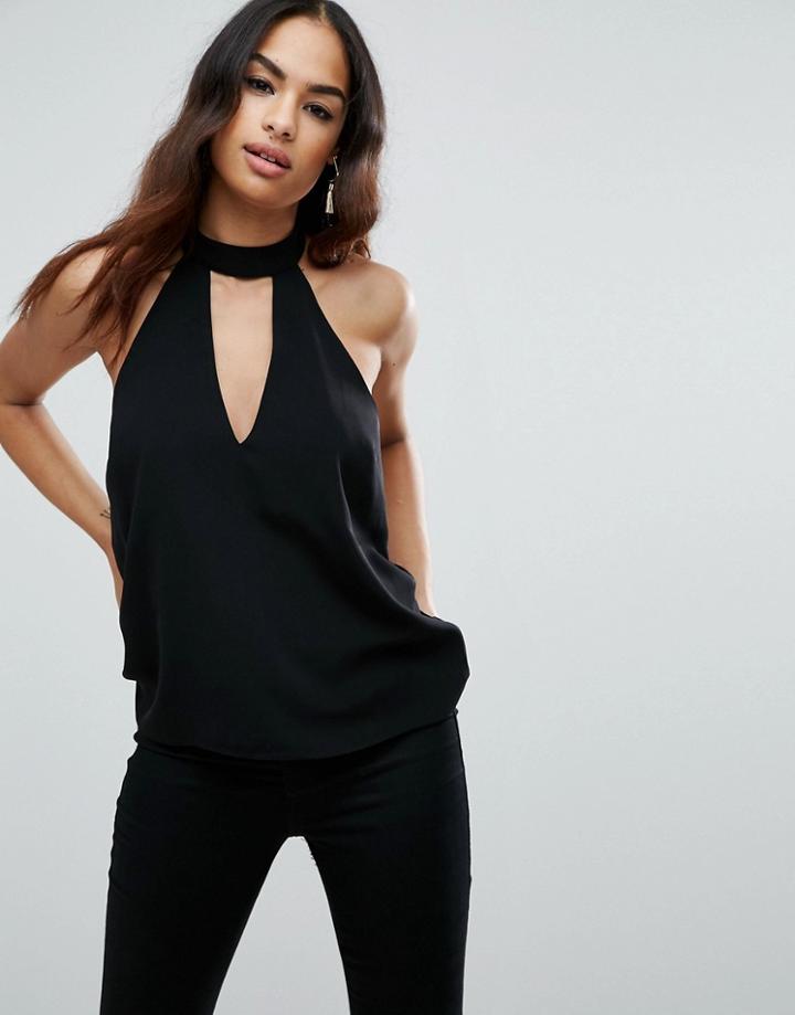 Asos Plunge Halter Top With Choker Detail - Black